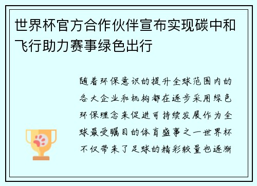 世界杯官方合作伙伴宣布实现碳中和飞行助力赛事绿色出行