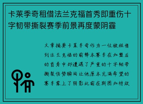 卡莱季奇租借法兰克福首秀即重伤十字韧带撕裂赛季前景再度蒙阴霾
