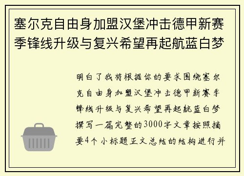 塞尔克自由身加盟汉堡冲击德甲新赛季锋线升级与复兴希望再起航蓝白梦