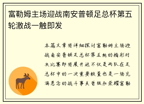 富勒姆主场迎战南安普顿足总杯第五轮激战一触即发